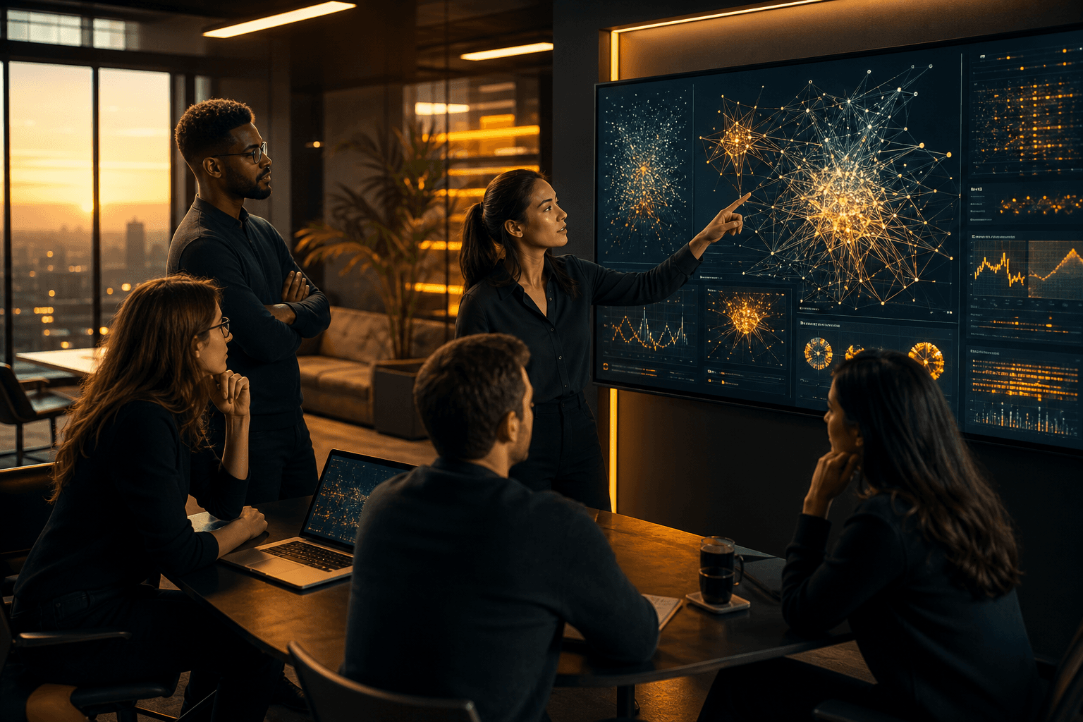 Equipe de especialistas em consultoria de Inteligência Artificial colaborando em projeto empresarial